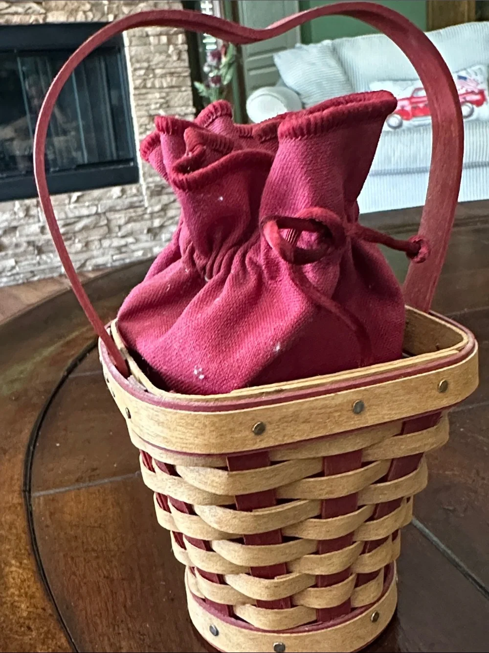 Longaberger tiny treasures basket with heart shaped handle. Liner. Protector